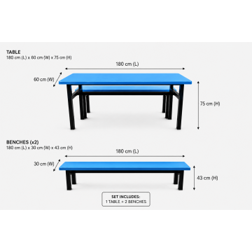 6 Pax Canteen Dining Table Set with Benches – (Table 180 cm × 60 cm × 75 cm; Benches 180 cm × 30 cm × 43 cm)